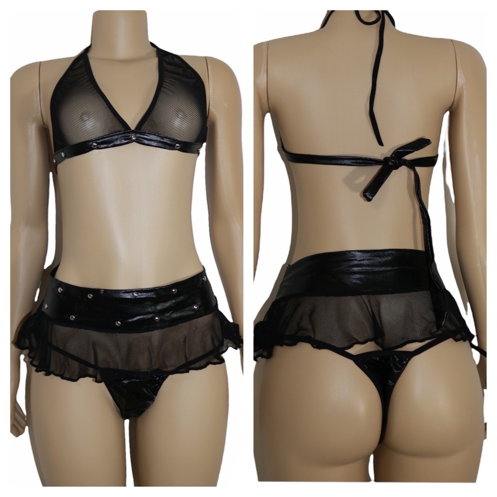 3 pc vegan leather/mesh Lingerie Set